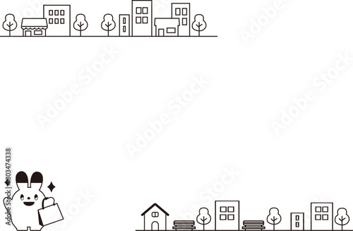 バンザイをする買い物うさぎと街のフレーム（モノクロ）