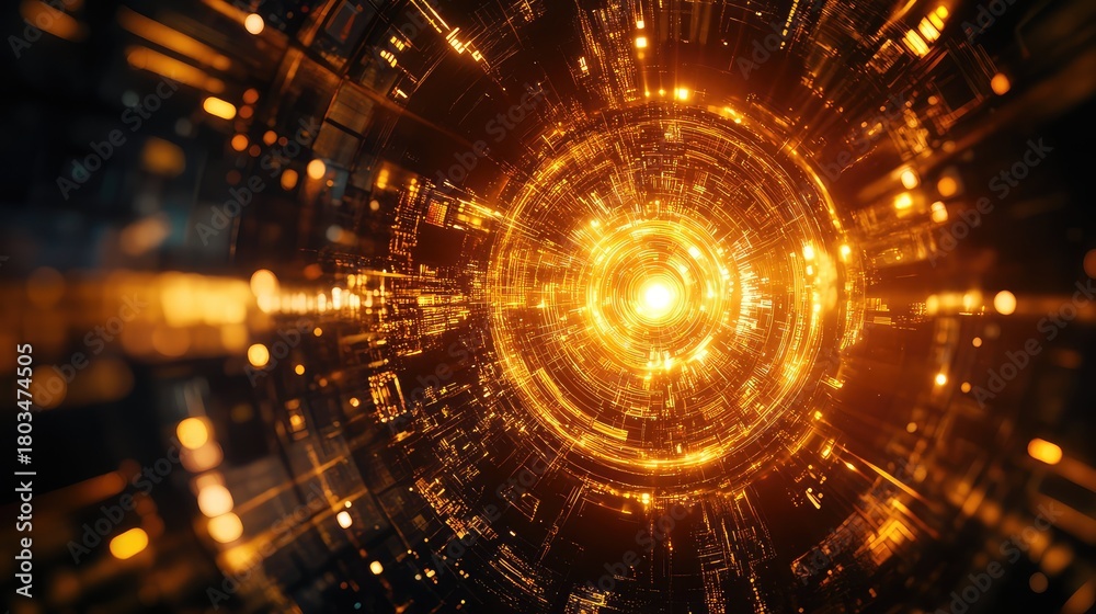 Obraz premium Abstract golden technology tunnel sending data and energy