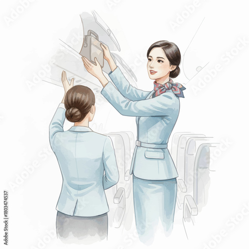 Elegant Watercolor Flight Attendants in Professional Aviation Scenes
