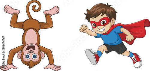 Cartoon monkey hanging upside down, superhero boy running, playful children illustration, energetic characters, white background, fun kids concept, vector art