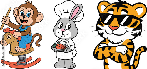 Cartoon monkey on rocking horse, rabbit chef with steak plate, cool tiger in sunglasses, fun animal characters, vector illustration