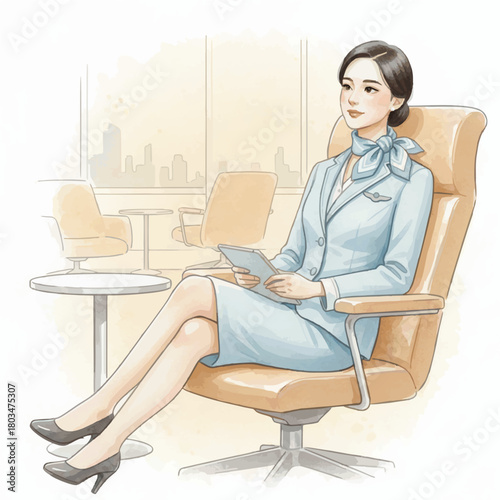 Elegant Watercolor Flight Attendants in Professional Aviation Scenes