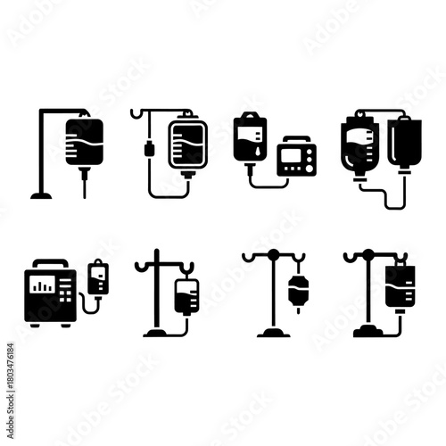 Medical IV Drip Icon Set – Healthcare and Hospital Equipment Symbols