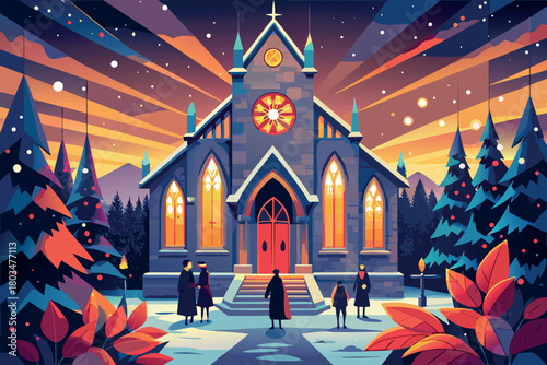 Historic stone church illuminated by glowing lanterns