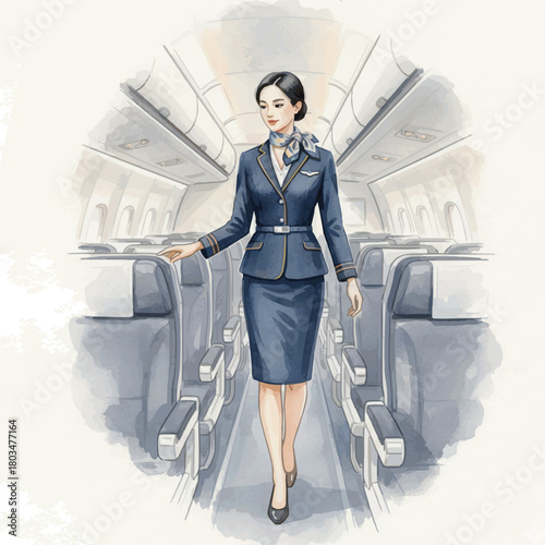 Elegant Watercolor Flight Attendants in Professional Aviation Scenes