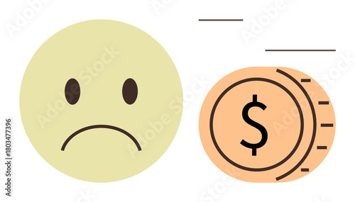 Frowning face beside a coin with a dollar sign representing financial difficulties or loss. Ideal for themes thumbs up economic stress, budgeting, debt, crisis, poverty, investment risk