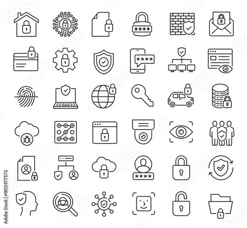 Set of collection line icons related Security and Protection. Editable stroke. Perfect pixel on transparent background