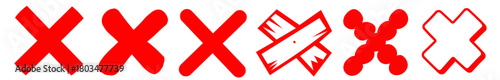 Set of bold red X symbols in various styles, perfect for marking errors, cancellations, warnings, and incorrect choices. Clean vector design on a white background.