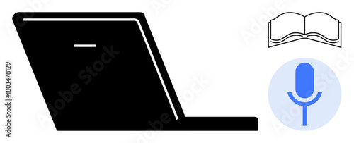Open laptop silhouette, book outline for knowledge, and microphone icon for voice input. Ideal for education, e-learning, remote work, technology, digital tools innovation communication. Simple