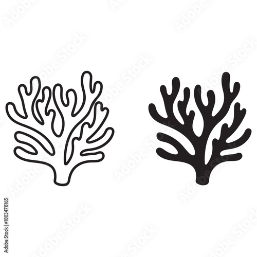 Minimalist Black Coral and Seaweed Outline and Silhouette Icons