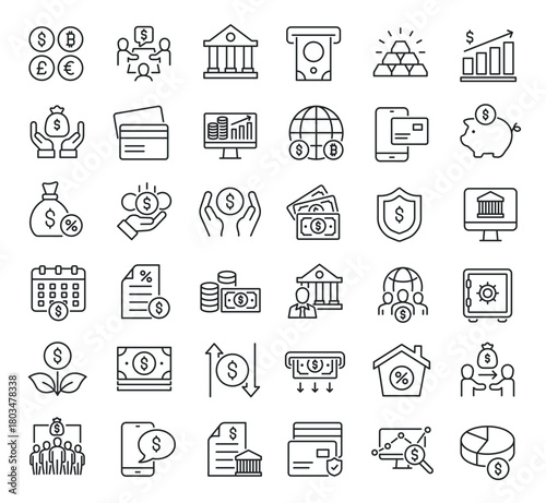 Set of collection line icons related Bank. Editable stroke. Perfect pixel on transparent background