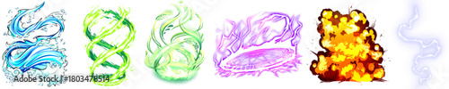 A collection of stylized elemental magic attack effects, including water, wind, earth/grass, arcane, fire, and lightning, perfect for game development or digital art projects.