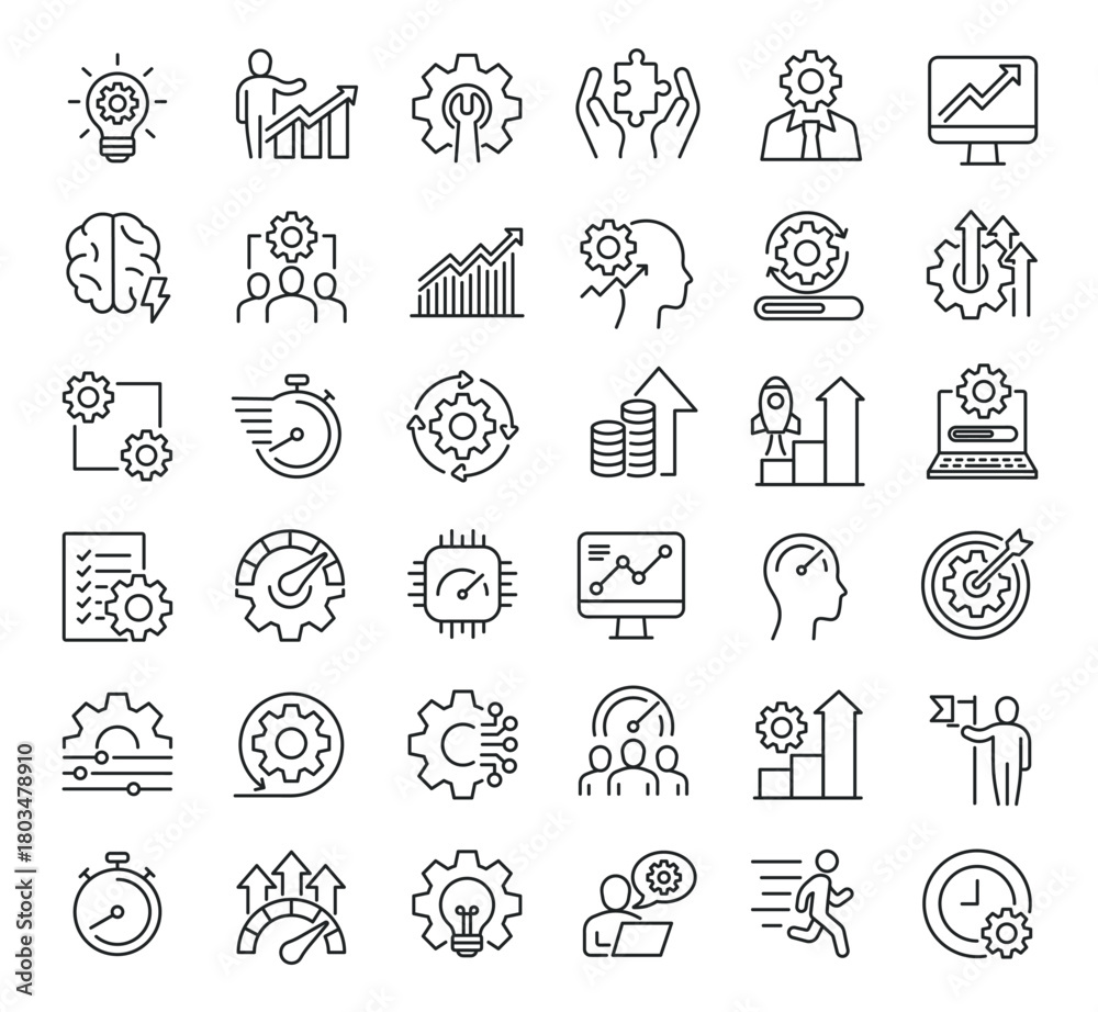 Fototapeta premium Set of collection line icons related Performance. Editable stroke. Perfect pixel on transparent background