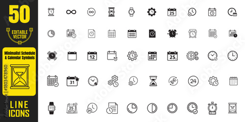 A comprehensive vector set of 50 minimalist line Icons representing various schedule, time, and calendar concepts. Ideal for apps, websites, presentations, and print media.