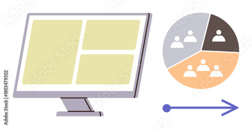 Monitor displaying data partitions alongside a pie chart showing team segmentation, with an arrow symbolizing progress or direction. Ideal for business strategy, collaboration, planning, data