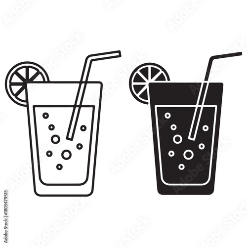 Sparkling Drink with Lemon Slice and Straw Icons Set