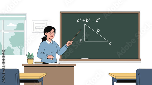 Teacher explaining Pythagorean theorem on a blackboard