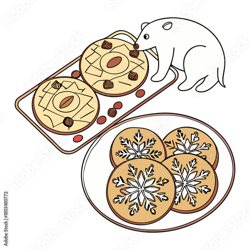 Delicious Cookie Platter Vector Art Illustration Featuring Polar Bear and Snowflake Designs for Food Concept. 