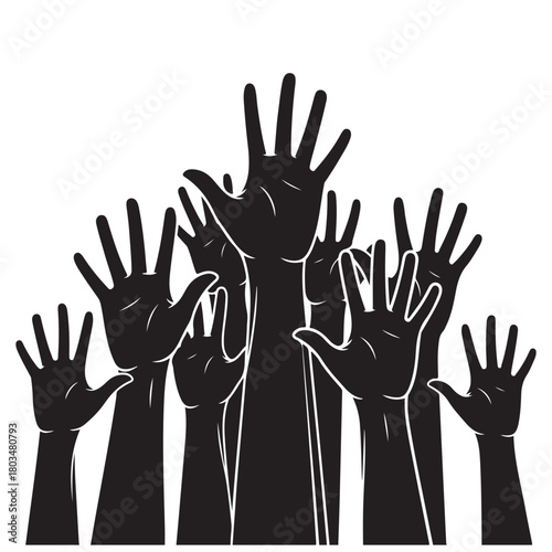 Diverse Group of Raised Hands in Silhouette on White Background