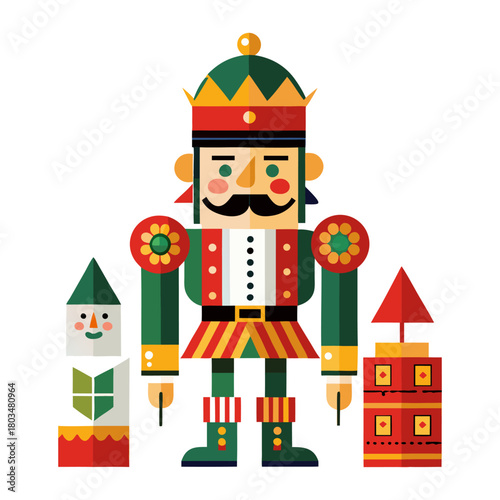 Festive Wooden Nutcracker Vector Flat Design, Cartoon Toy Soldier, Traditional Decoration Icon, Holiday Season Element, King Character Isolated elements. 