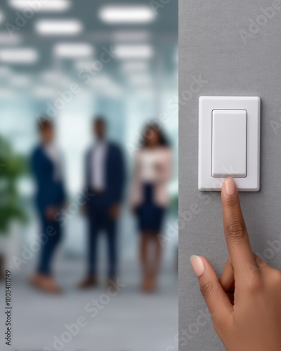 Wallpaper Mural Person's hand ,corporate, meeting, global, sustainability, green, technology, Setting Timer on Eco Lighting Control Panel in Office Meeting for Energy Efficiency Torontodigital.ca
