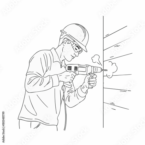 A construction worker uses a power drill to bore a hole into a wooden wall, focusing on the task with precision and care.