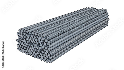 Stack of reinforcing steel bars on white background
