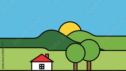 Stylized rural landscape with a house and trees under a sunny sky