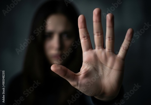 A woman holds up her hand in a stop gesture, looking distressed, symbolizing the fight against violence and abuse