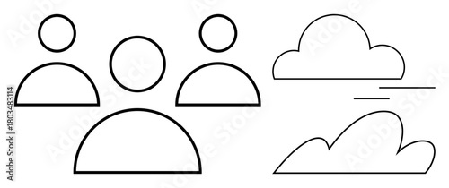 Three outlined human figures and two stylized cloud designs with minimal lines represent teamwork, communication, networking, remote work, innovation, technology, creativity, and brainstorming