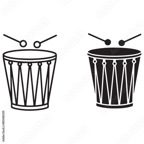 Two Stylized Drums with Drumsticks in Line Art and Solid Fill Illustrations