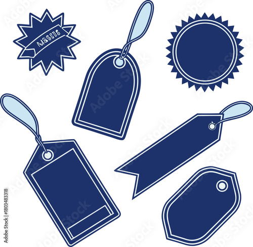 A collection of twelve different blue labels and tags are arranged on a light blue background. The labels feature various shapes and designs. Starting from the top left, there is a starburst-shaped la