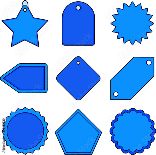 A collection of twelve different blue labels and tags are arranged on a light blue background. The labels feature various shapes and designs. Starting from the top left, there is a starburst-shaped la