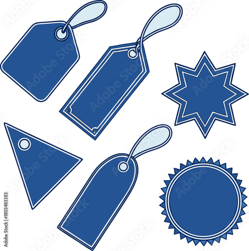 A collection of twelve different blue labels and tags are arranged on a light blue background. The labels feature various shapes and designs. Starting from the top left, there is a starburst-shaped la