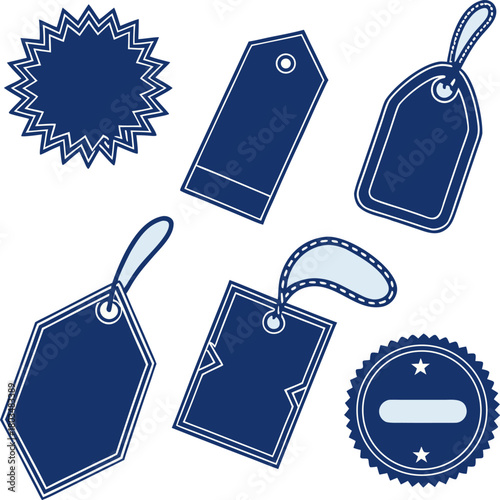 A collection of twelve different blue labels and tags are arranged on a light blue background. The labels feature various shapes and designs. Starting from the top left, there is a starburst-shaped la