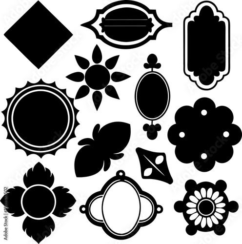 A collection of twelve different blue labels and tags are arranged on a light blue background. The labels feature various shapes and designs. Starting from the top left, there is a starburst-shaped la