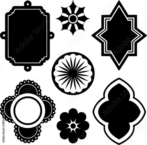 A collection of twelve different blue labels and tags are arranged on a light blue background. The labels feature various shapes and designs. Starting from the top left, there is a starburst-shaped la