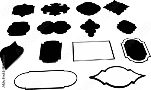 A collection of twelve different blue labels and tags are arranged on a light blue background. The labels feature various shapes and designs. Starting from the top left, there is a starburst-shaped la