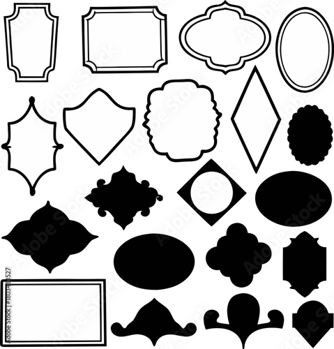 A collection of twelve different blue labels and tags are arranged on a light blue background. The labels feature various shapes and designs. Starting from the top left, there is a starburst-shaped la