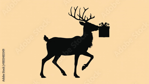 Black silhouette of a reindeer carrying a gift on a light background