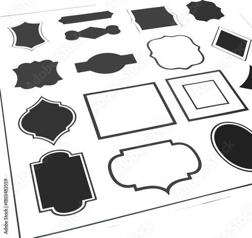 A collection of twelve different blue labels and tags are arranged on a light blue background. The labels feature various shapes and designs. Starting from the top left, there is a starburst-shaped la