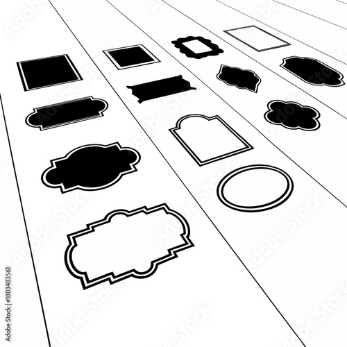 A collection of twelve different blue labels and tags are arranged on a light blue background. The labels feature various shapes and designs. Starting from the top left, there is a starburst-shaped la