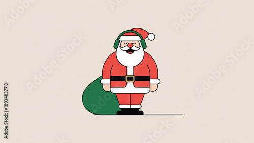 Cartoon Santa Claus with a gift sack and headphones