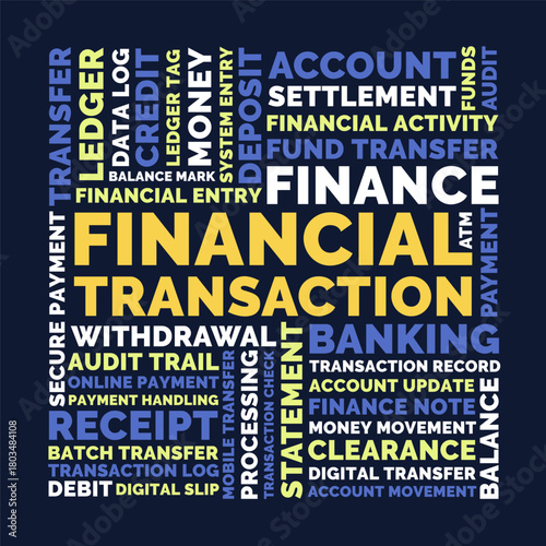 Financial Transaction Square Word Cloud, Banking Funds ledger and money transfer terms