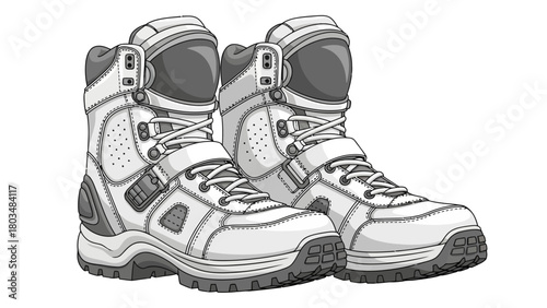 Two white hightop hiking boots with grey accents and laces