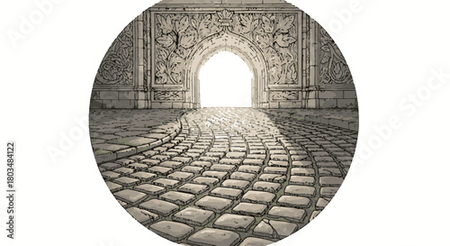 A beautifully illuminated cobblestone path leads towards a grand, intricately carved archway, symbolizing new beginnings, hope, and an unknown future journey.