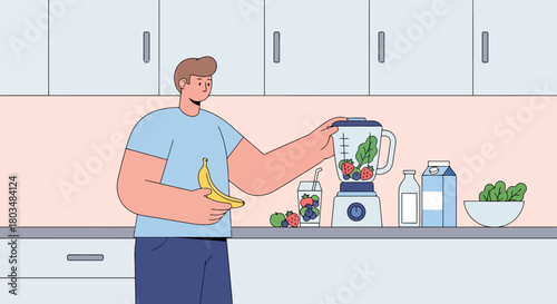 Healthy Lifestyle Man Preparing Fresh Fruit Smoothie in Kitchen