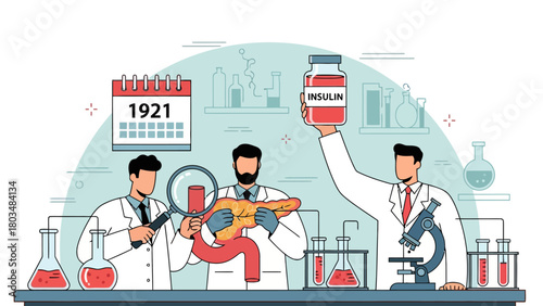 Scientists in lab coats examine a pancreas model and insulin