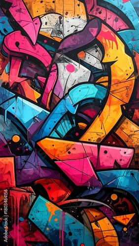 A vibrant abstract artwork showcasing a complex array of overlapping shapes and bold color combinations in a graffiti style