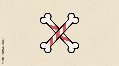 Crossed bones with red and white stripes skull and crossbones